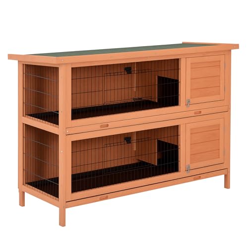 PawHut 54" 2-Story Large Rabbit Hutch Bunny Cage Wooden Pet House Small Animal Habitat with Lockable Doors, No Leak Tray and waterproof Roof for Outdoor/Indoor Orange | Wooden Pet House, Small Animal Habitat, No Leak Tray, Waterproof Roof, for Chickens Du
