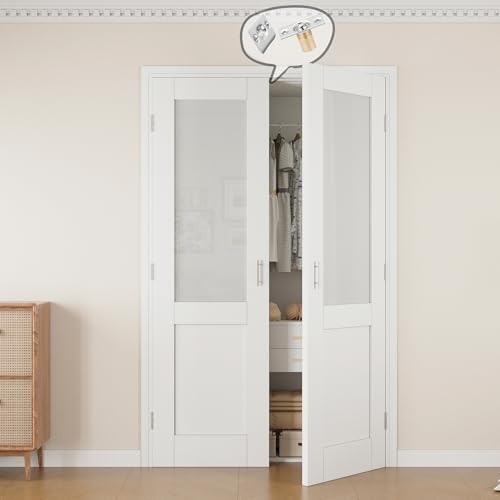 36x80 Interior French Door,Half Frosted Glass Doors,DIY Prehung Room Door | Prefinished & Paintable Double Doors with Ball Catches & Hinges & Handles, Tempered Frosted Glass, Interior Swing Closet Door - color: Half Frosted Glass, size: 36" x 80"