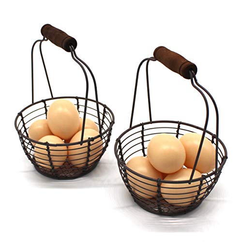 Metal Wire Mini Egg Baskets Rust Gathering Baskets with Wooden Handle Country Vintage Style Storage Baskets. Set of 2