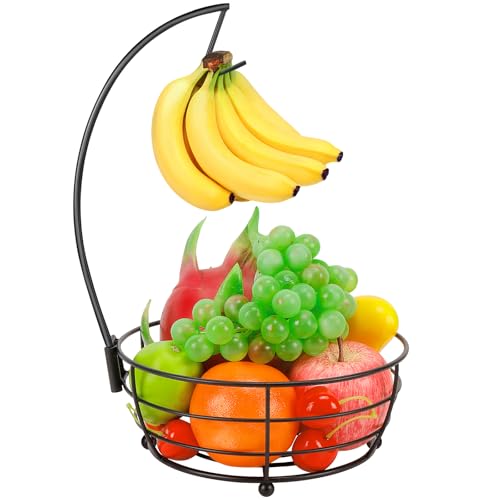 Livabber Countertop Fruit Basket Bowl with Banana Hanger, Modern Standing Fruit Vegetable Bowl Storage, with Banana Tree Holder for Kitchen Dinning Table (Round Metal, Black) - color: Black, style: Round Metal