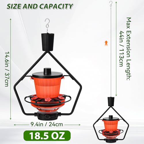 Retractable Hummingbird Feeder – 6 Feeding Ports, Leak-Proof, Ant & Bee Proof, Easy Top-Fill & Easy to Clean, Durable ASA Plastic, 18.5 oz Capacity, Adjustable Hanging System with 44" Extension(Black) - color: Black,1 Pack
