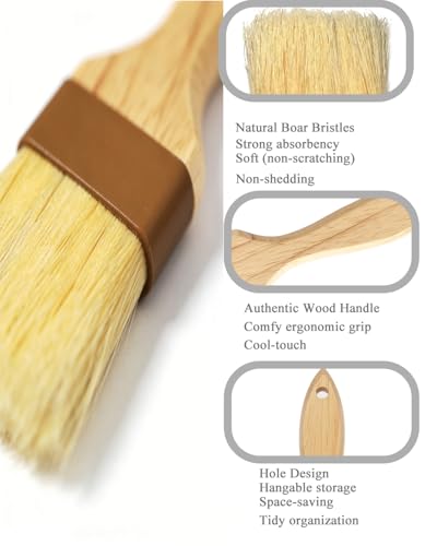 Pastry Basting Brush - Food Grade, No Shedding Natural Bristle, Heat Resistant Wooden Handle, Durable Kitchen Tool for Baking, Cooking, Butter, Egg Wash, Glazing, Oil, Sauce (1" & 1.5")