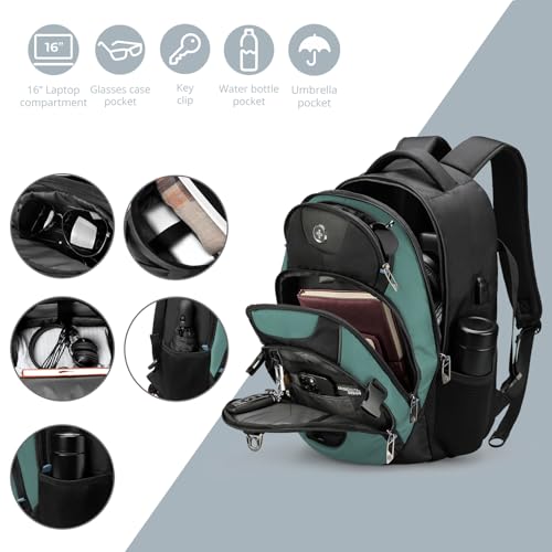 Swissdigital Design Laptop Backpack with USB Charging Port, Travel Backpack Fits 15.6 inches Computer, 31L College School Backpack for Men, Lake Green/Black | SD803-27 - color: Lake Green/Black