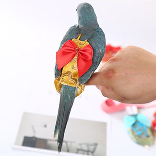 Escape-Proof Adjustable Parrot Flight Suit with Chinese Brocade Bow, Reusable Washable Bird Diaper Clothing for Cockatiels, Parakeets, Monk Parrots, Sun Conures & Mini Macaws (Yellow Nylon-S) - size: Yellow nylon-S