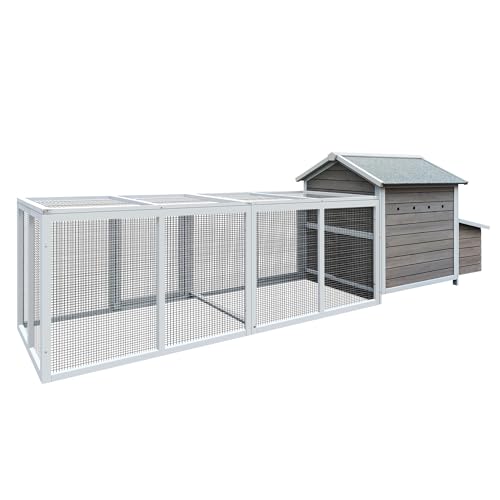 YOPTO Wooden Chicken Coop, 114 in, Outdoor Run, Gray | Solid wood, Asphalt roof, Outdoor run, 2-compartment nesting box, Pull-out tray, Ventilated design - size: 118.0"L x 27.6"W x 36.6"H
