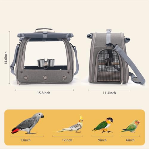 Bird Carrier Parrot Travel Cage with Perch, Food Bowl, Tray and Breathable Clear Window, Bird Travel Bag for African Gray Cockatiel Caique Conure Quaker, for Vetting Camping Hiking (Gray) - color: Gray