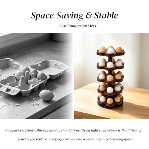 360° Rotating Wooden Egg Holder for 30 Eggs (Brown) | petal-shaped tray, 5 tiers, 6 egg slots per layer, solid wood, farmhouse countertop organizer, for kitchen and Easter display - color: Brown