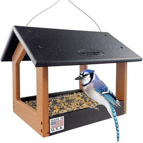 DutchCrafters Amish USA Made Recycled Plastic Large Hanging Modern Fly Through Covered Roof Open Platform Tray Bird Feeder for Outdoors, Garden, Yard (Black & Bright Cedar) - color: Black & Bright Cedar