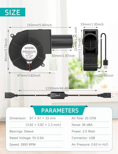 97mm x 33mm USB Centrifugal 5V Air Blower Brushless Fan with Tube for Replacement Fireplace Forge Smoker BBQ Electronic Cabinet Squirrel Cage Cooler - size: 9733-USB