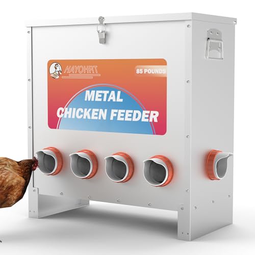 HAYOHRT 85-120LBS Capacity Chicken Feeder No Waste 10-Ports Automatic Large Poultry Feeder with Latch & Handle for Chickens Bantams Pheasants Poultry Coop Weatherproof - size: 10 Ports - 85-120 lBS