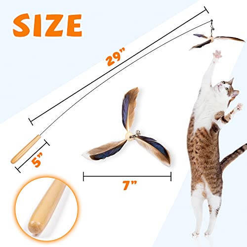 JXFUKAL Cat Wand Toys, Interactive Cat Toys with 3 Feather Refills, 29'' Flexible Steel Wire, Sturdy Wood Handle & Bell for Kitty Kitten, Cat Toys for Indoor Cats Teaser Cat String Toy - color: Set B