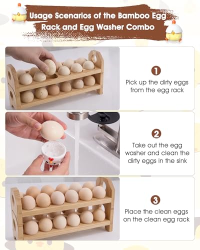 Bamboo Egg Holder Countertop with Silicone Egg Cleaner, 3-Tier Egg Holder for 36 Eggs, Stackable Design for Fresh Eggs, Farmhouse Egg Tray Storage Display Rack，Fits Quail, Duck, Chicken Eggs