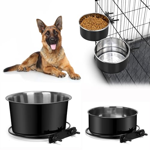 Attachable Dog Bowls for Crates, ShineMe 40oz & 60oz Dog Kennel Food and Water Bowl, 7.1 x 3.7” & 6.3 x 2.6” Dogs Crate Bowls Hanging No Spill for Large or Medium Dogs, Set of 2 Black - color: Black (60oz+40oz)