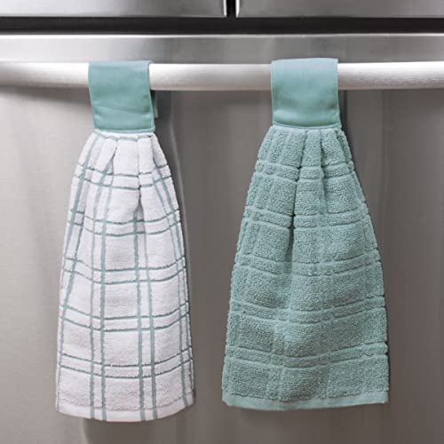 Ritz Premium 100% Cotton Solid and Multi Check Kitchen Tie Towel Absorbent, Super Soft, and Fast Drying Hang Towel, Set of Three, Dew - color: Dew, size: Solid & Multi Check - 3 Piece