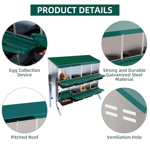 GarveeHome 2-Tier Chicken Nesting Box, 8 Compartment Metal Chicken Laying Boxes with Waterproof Roof ＆ Removable Trays for Hens, Poultry，Easy Egg Collection - color: Green, size: 47.2"L x 17.7"W x 35.4"H