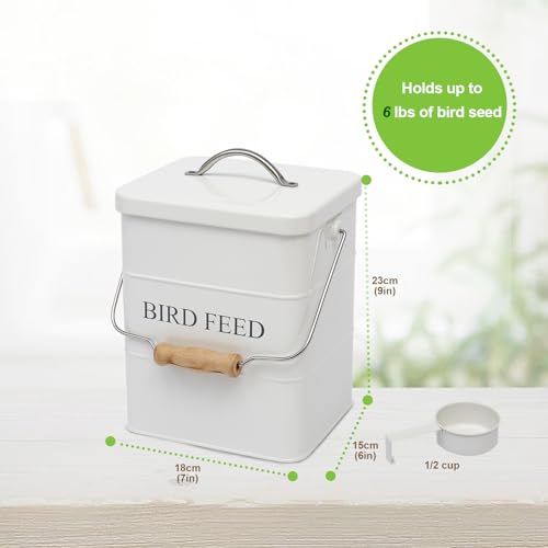 Bird Seed Storage Container Airtight,5~6LB Metal Bird Food Container with Scoop,Wild Birds Feed Tin for Storing Sunflower Seed-Ideal for Outdoor or Indoor-Squirrel proof -White - color: White