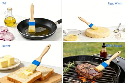 Pastry Basting Brush - Food Grade, Non-Shedding Natural Bristle, Heat Resistant Wooden Handle, Durable Kitchen Tool for Baking, Cooking, Butter, Egg Wash, Glazing, Oil, Sauce (Set of 2, 1.5", Blue)