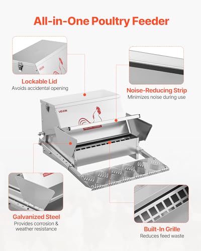 VEVOR Automatic Chicken Feeder, 25 lbs Capacity, Rainproof Treadle Poultry Feeder with Lockable Lid, No Waste, Galvanized Steel Construction, Outdoor Use, for Chicken, Bantams, Poultry, Pheasants