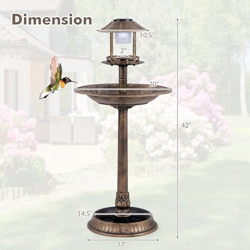Solar Bird Bath, Pedestal Bird Bath with Bird Feeder, Flower Planter Base, and Solar Powered Lamp, Standing Birdbath for Outdoors, Garden, or Yard, 42 Inch Tall (Bronze) - color: Bronze