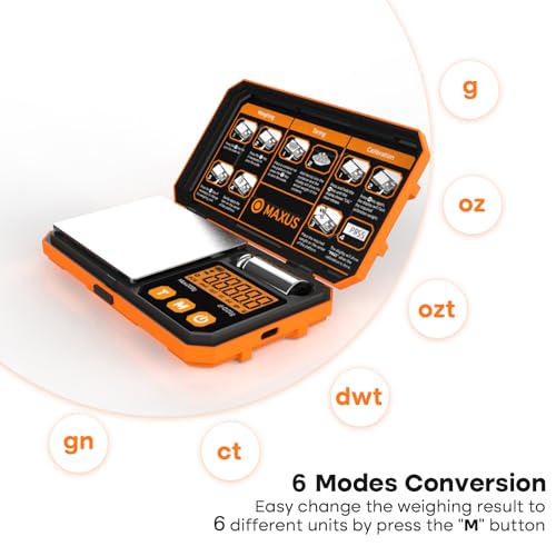 Pocket Scale, 200g x 0.01g, with 50g Calibration Weight and USB Cable | Digital Gram Scale, 6 Units, Backlit LCD, Stainless Steel Platform, Rubber Edges, for Jewelry, Coins, Powders, Food or Gems - color: Orange