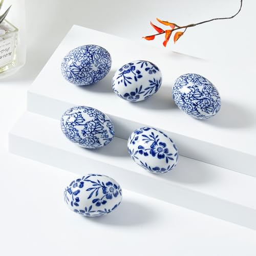6pcs/Set Handcrafted Blue & White Ceramic Easter Eggs - Artisanal Decor for Home, Living Room & Office - Festive 6cm*4cm Accent Pieces - Perfect Mothers Day & Spring Easter Gifts (B) - size: G