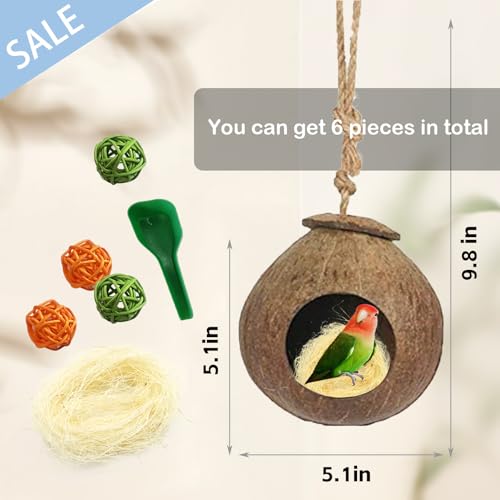 kathson Natural Coconut Shell Bird Nest,Hanging Coco Birds House,Parrots Hide Hut Habitats Decor,Parrot Cage Accessories for Lovebirds Cockatiel Canary Budgies,Feeder Spoon,4 Toy Balls(6 Pcs) - size: [M:9.8 x 5.1 x 5.1 lnches]