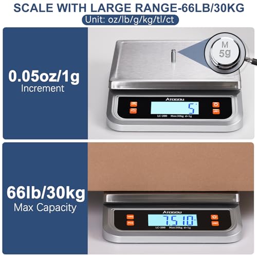 Atogou 66lb Food Scale, Commercial Kitchen Scale Plug-in Usable | Full View LCD Display, Stainless Steel, for Baking, Bread, Cooking, Meat, Vegetables, Farm, Industry LC200 Silver - size: Silver 66 lb (30 kg)