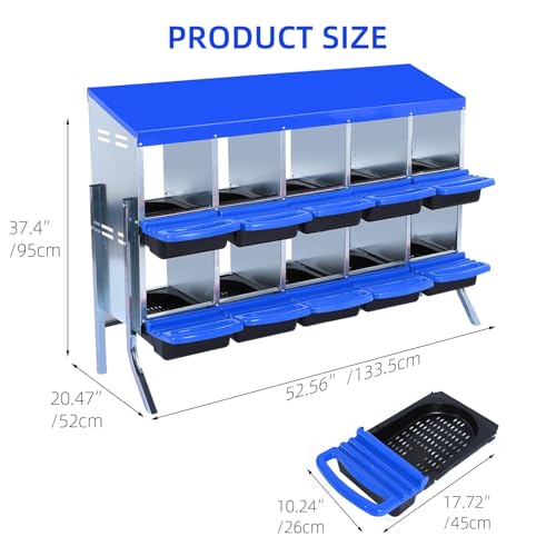 GarveeHome 2-Tier Chicken Nesting Box, 10 Compartment Metal Chicken Laying Boxes with Waterproof Roof ＆ Removable Trays for Hens, Poultry，Easy Egg Collection - color: Blue, size: 53.5"L x 16.9"W x 26.6"H