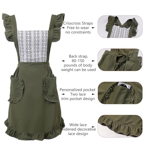 Cute Cotton Apron for Women, Adjustable Bib Cooking Kitchen Aprons with Pockets for BBQ Drawing Baking - color: Army Green