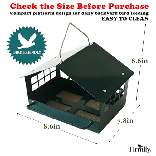All-Metal Platform Bird Feeder, Dark Green Hanging Feeder | Double-Sided Long Perches, Stainless Steel Mesh Tray, Extended Roof Eaves and Rust-Resistant Finish for Small Birds