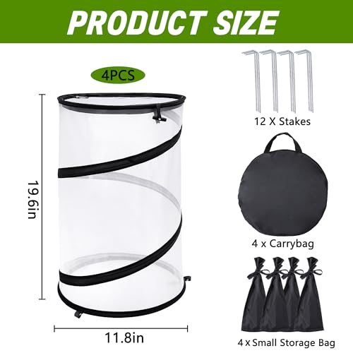 4 Pcs Pop Up Insect Barrier Plant Cover Net, 19.6" x 11.8" Round Foldable Plant Protectors Mesh Plant Enclosure, Garden Net Cage Guard Cover with Stakes & Carry Bag for Protect Plants from Bird Insect