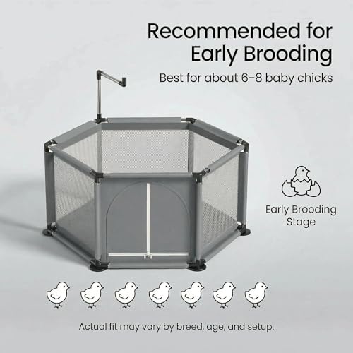 Chicken Brooder for Chicks, Indoor Hexagon Brooder Pen with Integrated Waterproof Base, Large Zipper Door and Lamp Support Extension, Starter Enclosure for 6–8 Baby Chicks, Approx. 7.16 Sq Ft - color: Grey