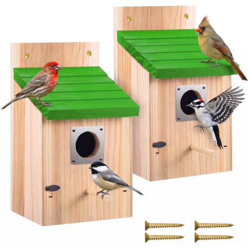 CHILDLION 2 Pack Bird Houses for Outside Clearance with Metal Guard, Fir Wooden Bird Houses, Hanging Bird Nesting Box for Backyard Garden Wild Birds