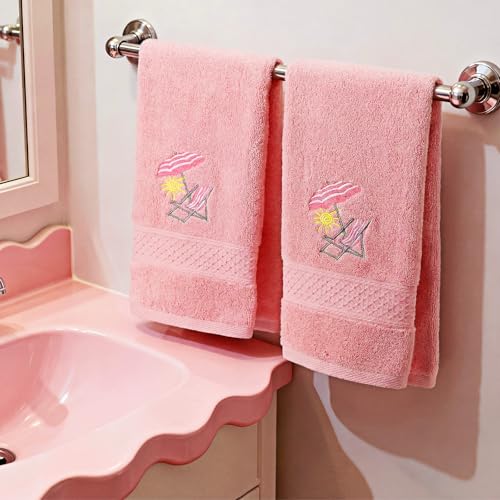 SmoothNovelty 2 Pcs Beach Chair Hand Towels Pink Bathroom Decor 14x29 Inch | Embroidered Pink Bathroom Hand Towels, 100% Cotton, Soft Absorbent, Summer Beach Coastal Theme Bathroom Kitchen Decor - style: Cute Beach Chair