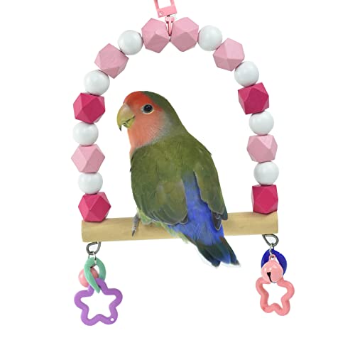 Small Bird Swings for Cage, Parrot Wooden Stand Perches Climbing Toys | Colorful Wood Beads with Bell,Parakeets Chewing Toy, Budgies Lovebirds Birdcage Playground Accessories - color: pink