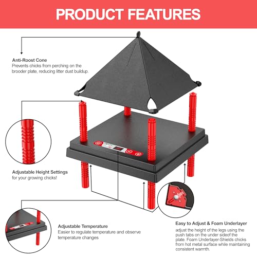 Chick Brooder Heating Plate with Anti Stand Cone, 10"x10" Temp Adjust Black | Adjustable Height Brooder Heater for Chicks, Downward Heat Distribution for Outdoor Barns & Coops - size: 10" x 10" with Temp. Adjustments