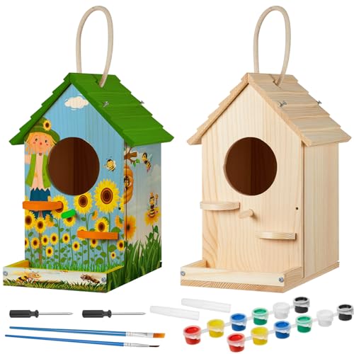 Liliful 2 Pack Wooden Birdhouse Kit for Kids and Adults, DIY Painting Set & Real Outdoor Birdhouse, Durable Craft for Garden, Classroom, Birthday Gifts Ages 3-5 4-8 8-12