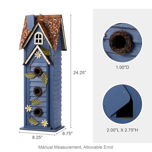 Glitzhome Bird Houses for Outside,Hand Painted Hanging Bird House for Outdoors, 24.25" H Oversized 3-Tiered Villa Decorative Wooden Bird Houses Large Birdhouse for Garden, Washed Blue - color: 24.25"H Blue
