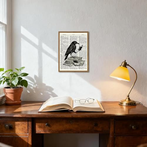 Funny Black Crow Reading Books Wall Art Vintage Raven Wall Decor Picture Dark Academia Animal Poster Canvas Print for Bedroom Living Room 12x16 inch Wood Framed - color: Animal -P, size: 16"L x 12"W