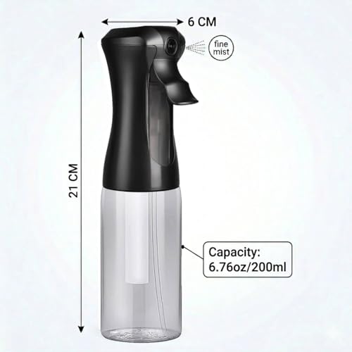 VIGOR PATH 200ml Continuous Mist Spray Bottle for Hair Plants and Skin Care | Ultra Fine Atomizer Leak Proof Ergonomic Construction 360 Refillable - size: 6.7 oz - Black/White
