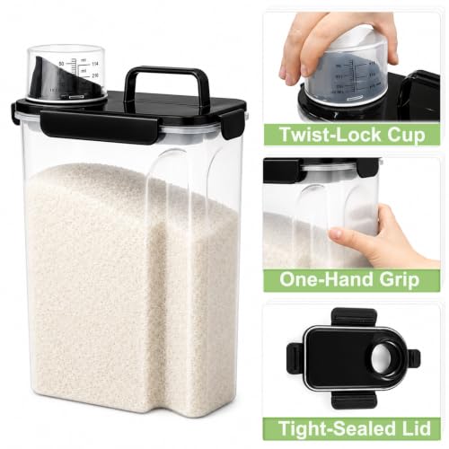 10 Lbs Rice Storage Container Dispenser, Slim Food Bin for Cereal, Flour | Airtight Sturdy Plastic Dry Food Container with Wide Pour Spout for Grain, Oatmeal, Bean, 5 Lbs Dog, Cat, Pet Food, Bird Seed - color: Black