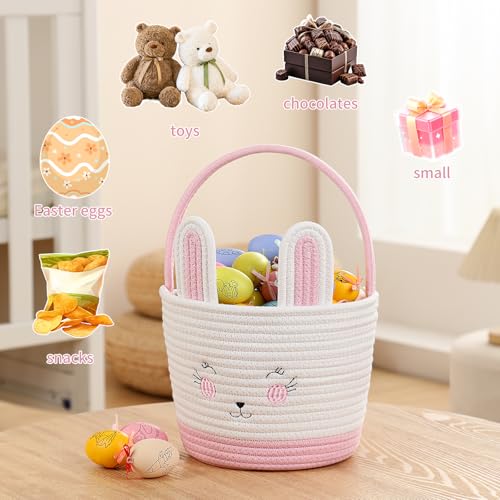 Easter Baskets for Easter Egg with Handle Woven Empty Hunt Boys' Lovely Bunny Rabbit Colorful Woven Basket First Easter Gifts for Boys, Babies, Kids, and Children (Pink) - color: Pink