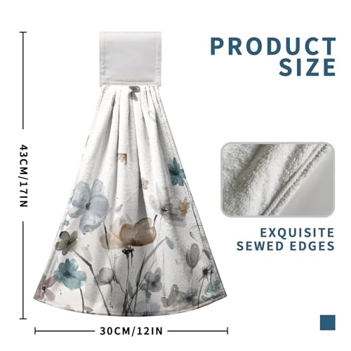 Watercolor Floral Hanging Kitchen Towels Set of 2 Spring Summer Grey Flowers Hand Towel with Hanging Loop Wildflower Daisy Dish Towel Soft Absorbent Bath Tie Towel for Bathroom Farmhouse - color: Flower-a