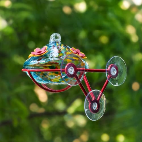 Window Hummingbird Feeder - Hand Blown Glass Mounted Hummingbird Feeder with Strong Suction Cups for Outdoor Window Mount (Blue) - color: Blue