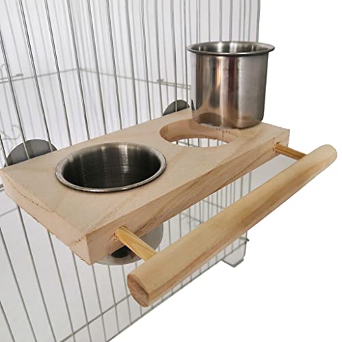 2 in 1 Bird Perch Feeder Stainless Steel Feeding Cups Water Bowls with Wood Perch Stand Platform for Small Birds