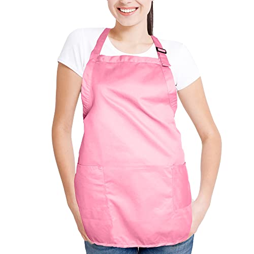 DALIX Apron Commercial Restaurant Home Bib Spun Poly Cotton Kitchen Aprons (2 Pockets) in Pink - color: Pink
