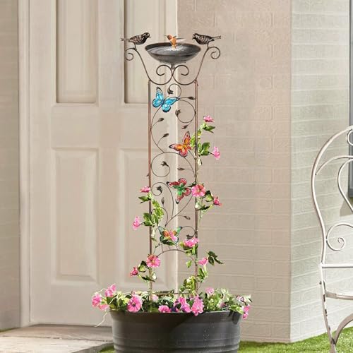 Garden Trellis Bird Bath Outdoor, 43.5 Inch Antique Iron Garden Plant Trellis Decorative with Butterflies and Detachable Drinking Basin Bowl, Free Standing BirdBath Birdfeeder Station - style: Butterfly