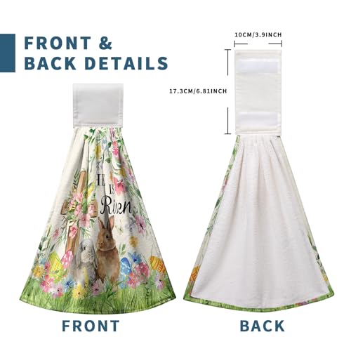 2 Pcs Easter Bunny Hanging Hand Towels He is Risen Rabbits Floral Cross Easter Eggs Kitchen Towels with Hanging Loops Spring Holiday Decorative Dish Cloth Kitchen Tie Towels - color: Easter He is Risen Rabbits