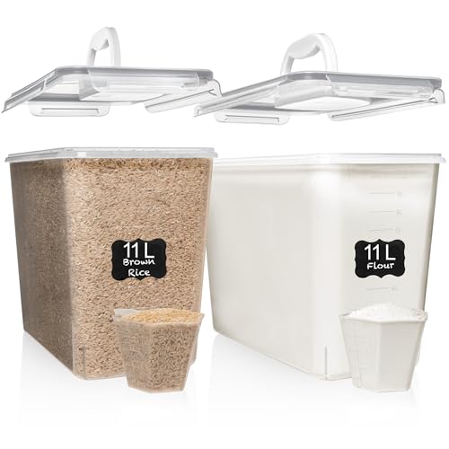 Shazo 2 PC (11L | 372 oz) Flour Sugar Storage Containers with Easy Carry Handle - Plastic Extra Large Food Storage Containers with Lids for Rice Cereal, BPA Free & Airtight Kitchen Pantry Organization - color: Gray