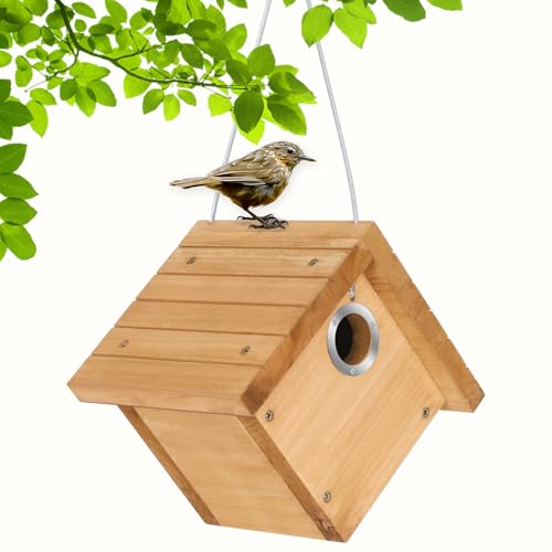 Gtongoko Wren Bird Houses for Outside with 1-1/8" Entrance Log Color 1 Pack | Wood Nesting Box with Metal predator guard, Climbing Grooves, Clean-Out Door, Air-Vent for Wrens & Carolina Wrens - color: Log color-1pc